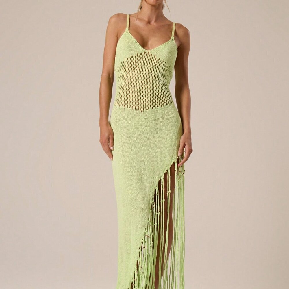 Lime Green Casual Women's Crochet Knit Beaded Fringing Maxi Cover Up Dress